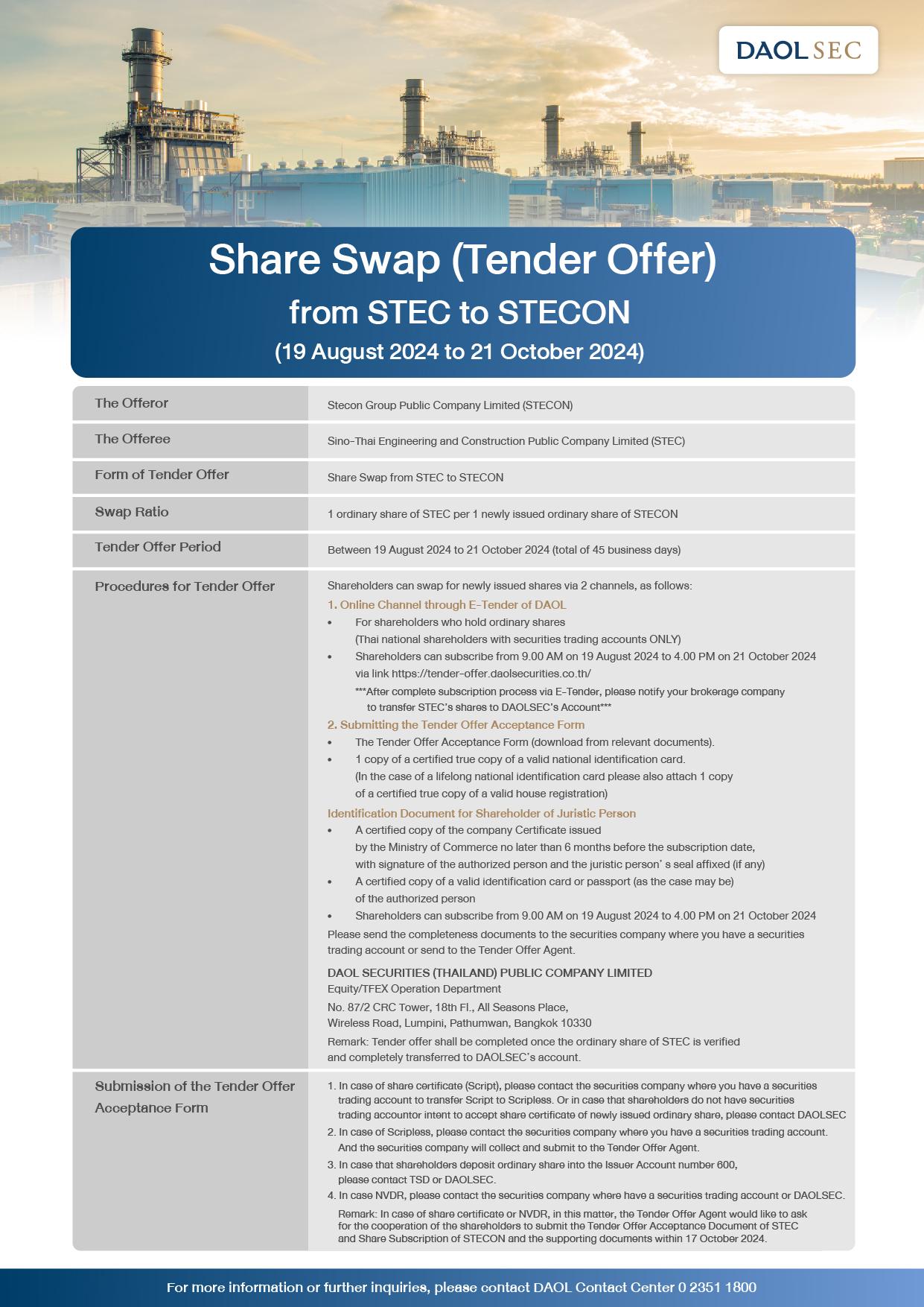 SHARE SWAP (TENDER OFFER) FROM STEC TO STECON (19 AUGUST 2024 TO 21 OCTOBER 2024)